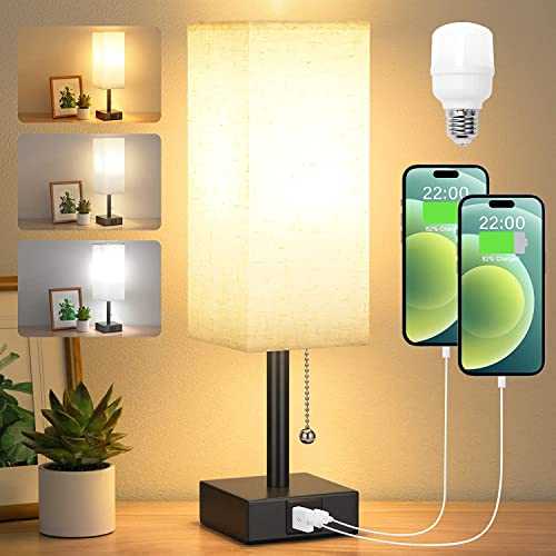 Aooshine Bedside Lamps, Table Lamp with USB C+A Charging Ports, Small Lamp with 3-Color Modes with Pull Chain, Bedroom Lamp with Beige White Fabric Shade(LED Bulb Included)