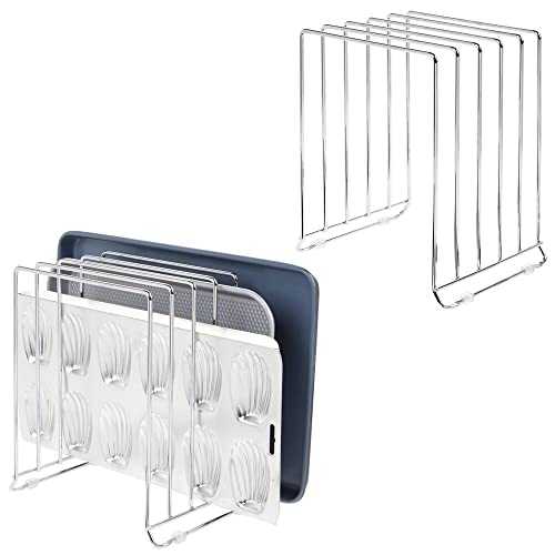 mDesign Set of 2 Pot Lid and Pan Rack — Metal Wire Rack for Cabinets, Pantries or Kitchen Surfaces — Freestanding Pan Stand with 5 Slots for Pans, Pots, Lids and Crockery — Silver