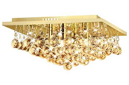 Modern Flush Square Chandelier Ceiling Light Crystal Droplets Gold Effect Base M0142F with 4 x 3w G9 Warm