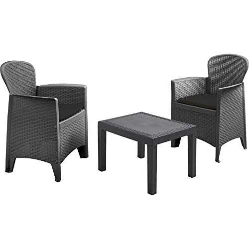 idooka Tea for 2 Balcony Conservatory Patio Outdoor Garden Furniture Set With Grey Cushions Black Rattan Style Design 3 Piece with Grey Coffee Table and Two Plastic Anthracite Bistro Chairs