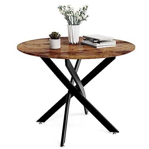 GOLDFAN Round Wooden Dining Table 100cm Retro Kitchen Table for Dining Room, Industrial Style Rustic Brown and Black (Table Only)