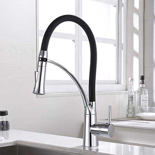 GAVAER Kitchen Tap, Hose Kitchen Mixer Faucet with 2 Modes, 360° Swivel Kitchen Mixer with Black Silicone Cold Hot Water, Available Chrome Finish Solid Brass