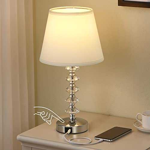 Touch Crystal Table Lamp with 2 USB Charging Ports, Aooshine White USB Bedside Table Lamp, 3 Way Dimmable Crystal Touch Lamp Bedside Light for Bedroom, Living Room and Office (LED Bulb Included)