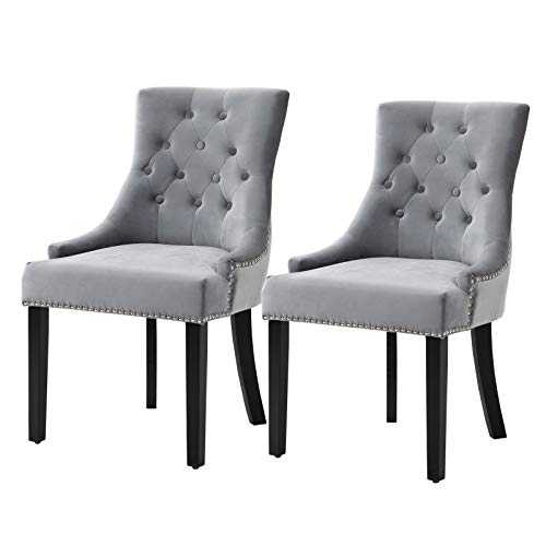 Sigtua Set of 2 Tufted Velvet Fabric Dining Chairs, Occasional Upholstered Kitchen Armchairs Soft Padded Chair with Knocker Ring for Restaurant Bedroom Dressing Table Living Room Side Chairs (Grey)