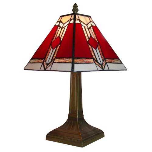 Tiffany Style Bronze Base and Red and White Stained Glass Designer Aztec Table Lamp