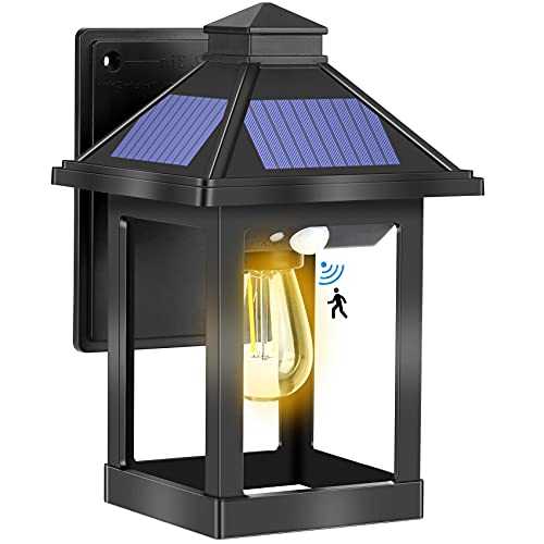 Solar Lights Outdoor, Warm Bulb Solar Wall Lantern with Motion Sensor, 3 Lighting Modes, IP65 Waterproof Solar Lamp for Garden Yard Entryway Garage