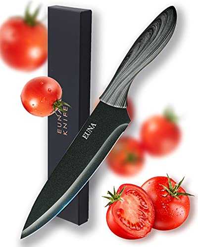 EUNA 8 Inch Chefs Knife Ultra Sharp Chopping Knife with Sheath & Gift Box Kitchen Knives for Multipurpose Cooking Professional with Ergonomic Handle Grey Texture