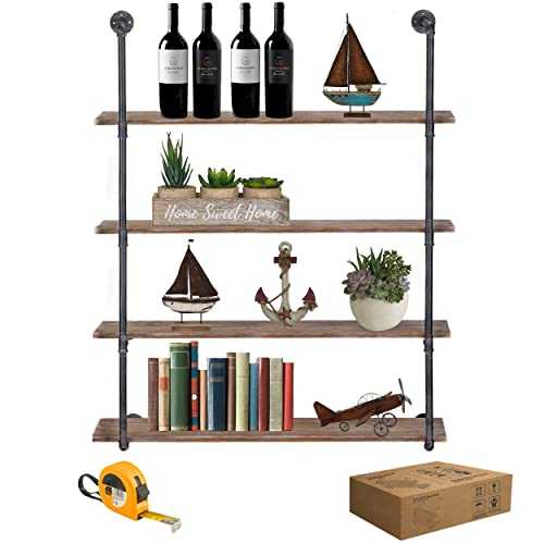 Industrial Pipe Shelving Wall Mounted,36in Rustic Metal Floating Shelves,Steampunk Real Wood Book Shelves,Wall Shelf Unit Bookshelf Hanging Wall Shelves,Farmhouse Kitchen Bar Shelving(4 Tier)