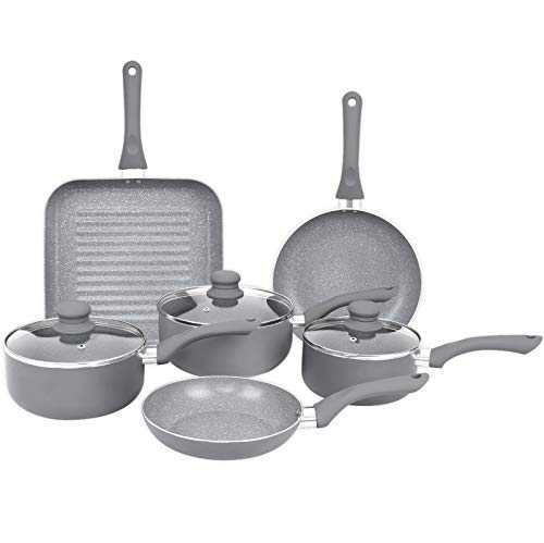 Gr8 Home Induction Aluminium 9 Piece Non Stick Grey Marble Effect Frying Saucepan Grill Pan Pot Set Kitchen Cookware Kit (Improved Design All Pans Induction)