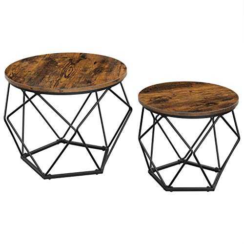 VASAGLE Coffee Tables, Set of 2 Side Tables, Robust Steel Frame, for Living Room, Bedroom, Rustic Brown and Black LET040B01