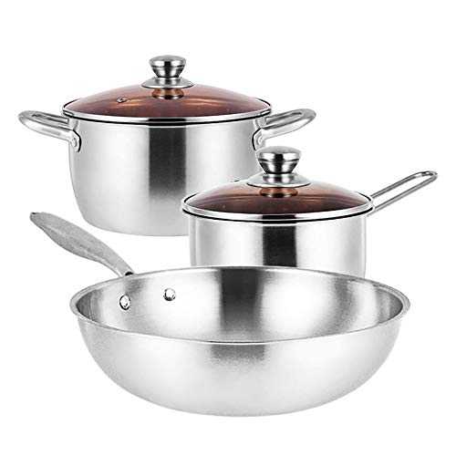 Kanqingqing Cookware Set 3-Piece Nonstick Cookware Set Includes:Wok, Stock Pot, Milk Pot -Works On All Stoves Ideal for Healthy Cooking (Color : Silver, Size : Free size)