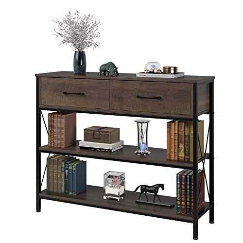 HITHOS Industrial Console Table with Drawers, Vintage Hallway Foyer Table with Storage Shelves, Narrow Long Sofa Entryway Table for Living Room, Dark Brown