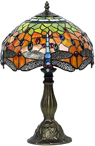 12 inch Tiffany Table lamp Retro Table lamp with Green Orange Stained Glass and Blue Dragonfly Design Art Deco Bedside Night Light Bedroom Living Room