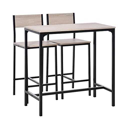 HOMCOM 3 Pcs Table Stool Set Industrial Design w/Metal Frame Oak Tone MDF Panels Minimal Compact Beautiful