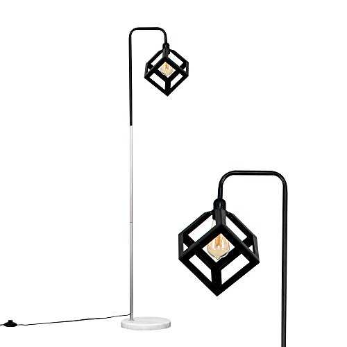 Retro Style Black/Chrome Metal & White Marble Base Floor Lamp with a Black Puzzle Cube Shade