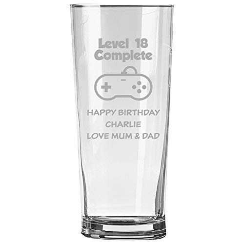 Personalised Engraved Pint Glass - 18th Birthday Gift, 18 Beer with Level 18 Complete Controller Gaming in a White Gift Tube