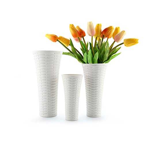 ComSaf Ceramic Flower Vases Set in White, Home Decor Vases Rattan Style Unglazed, Pack of 3