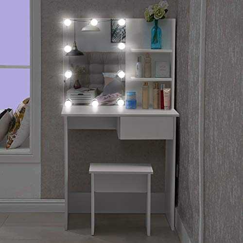 TUKAILAi Dressing Table Cosmetic Table Makeup Desk with Mirror with LED Adjustable Lights 1 Drawer and Shelf Bedroom Dresser Vanity Table Set