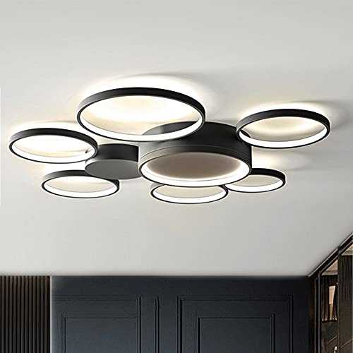 Qamra Modern LED Ceiling Light, Dimmable Creative Flush Mount Lighting Fixture, 3 Color 7 Rings Chandelier with Remote Control for Living Room, Bedroom, Dining Room,Kitchen (Black,80W)