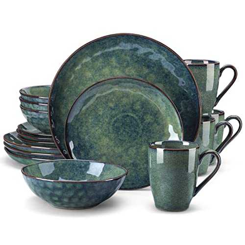 vancasso Starry 16 Pieces Green Round Stoneware Dinner Set, Reactive Change Glaze Serving Set with Dinner Plates, Dessert Plates, Bowls and Mugs Service for 4