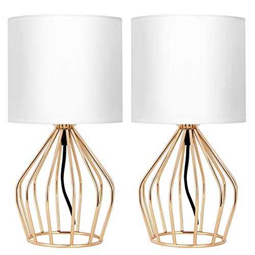 Gold Table Lamps, Modern Table Lamps for Living Room, Bedroom Set of 2, Bedside Lamps Pair, Metal Cage Table Lamp, Gold Wire Hollowed Out Base with White Lampshade for Bedroom, Living Room, Lounge