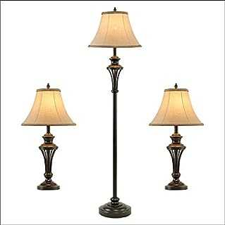 3 Pack Lamp Set (2 Table Lamps, 1 Floor Lamp), 3-Piece Vintage Style Table and Floor Lamp Set in Bronze Finish with Brown Fabric Lamp Shades, 26" and 61"(H), Solid Iron