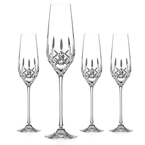 DIAMANTE Champagne Flutes Crystal Prosecco Glasses with ‘Hampton’ Collection Hand Cut Design - Set of 4