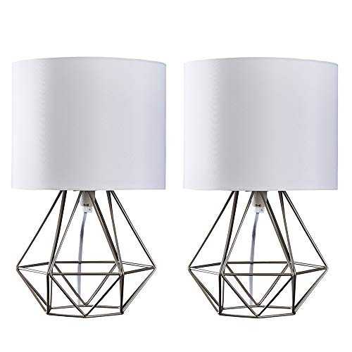 MiniSun Pair of Modern Brushed Chrome Metal Basket Cage Style Table Lamps with White Fabric Shades