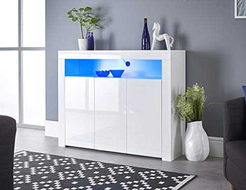 MMT Furniture Designs Ltd White 3-door Buffet Sideboard Cabinet Cupboard Unit LED Strips 116cm Wide Matt Gloss Finish