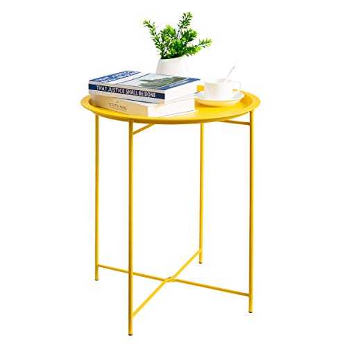 HollyHOME Folding Tray Metal Side Table, Sofa Table Small Round End Tables, Anti-Rust and Waterproof Outdoor or Indoor Snack Table, Accent Coffee Table,（H） 20.28" x（D） 18.11", Yellow Cream