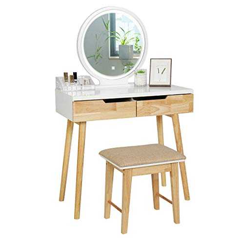 YOURLITE Dressing Table with Light Vanity Table Set with Touch Screen Adjustable Lighted Mirror with Cushioned Stool 3 Lighting Modes Round Mirror Dressing Table 2 Drawers Easy Assembly