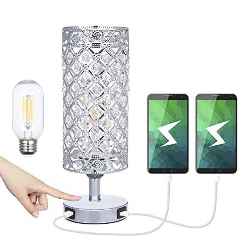 Crystal Bedside Lamps Touch Control with 2 USB Charging Port Dimmable Silver Table Lamps with Glitter Lampshade & E27 Bulb for Bedroom Living Room