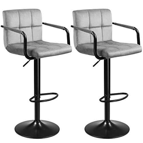 SONGMICS LJB013G02 Set of 2 Bar Stools with Velvet Cover, Height-Adjustable, Kitchen Chairs, Swivel Chairs with Armrests, Backrest and Footrest, Metal, Light Grey