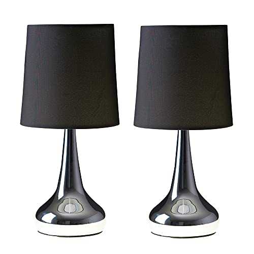 Pair of - Modern Chrome Teardrop Touch Table Lamps with Black Fabric Shades