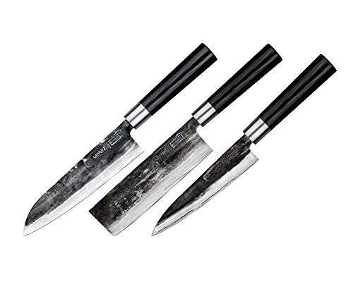 Samura Super 5 Damascus Professional Japanese Kitchen Knife Set of 3: Nakiri, Utility, Santoku. Micarta. Hardness 60 HRC