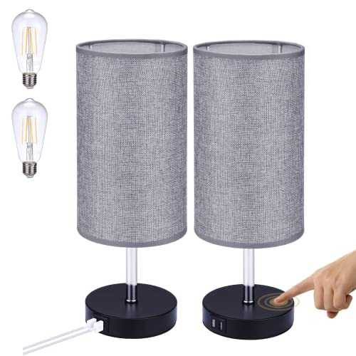 Glighone Bedside Table Lamp Touch Control with 2 USB Charging Ports, Nightstand Lamps Dimmable Table Lamp Modern E27 Grey Fabric Shade & Plug for Bedroom Living Room, Set of 2(Dimmable Bulb Included)