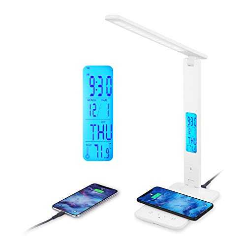 LAOPAO LED Desk Lamp with 10W Wireless Charging and USB Charging Port, 3 Colour Temperatures, 3 Brightness Levels,Touch Control, Time,Temperature,Clock Function for Home Office [White]