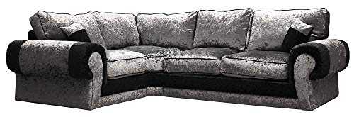 Big Corner Sofa Suite Tango Armchair Crushed Velvet Black and Silver (Left Hand Corner)
