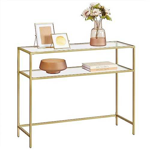 VASAGLE 39.4" Console Sofa Table, Modern Entryway Table, Tempered Glass Table, Metal Frame, 2 Shelves, Adjustable Feet, for Living Room, Hallway, Gold Color ULGT025A01