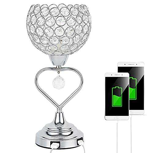 Crystal USB Bedside Lamp, Bedside Table Lamp with Dual USB Charging Port, Elegant Modern Bedroom Lamp, Crystal Table Lamps for Bedroom, Living Room, Guest Room
