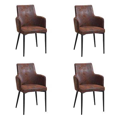 OFCASA 4 x Vintage Brown Faux Leather Dining Chairs Upholstered Padded Seat Reception Chair with Metal Legs Armrests Kitchen Counter Chair Armchair for Living Room Home Office Business