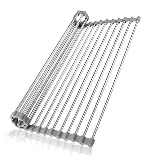 KIBEE Dish Drying Rack Stainless Steel Roll Up Over The Sink Drainer Gadget Tool for Many Kitchen Task ,Gray (17.75 x 13.75 in)