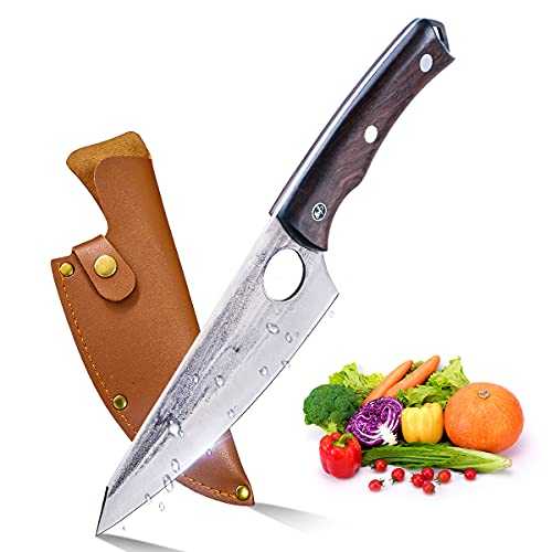 Kitchen Chef Knife -6 Inch Kitchen Knives Hand Forged High Carbon Stainless Steel Cooking Knife with Leather Sheath for Home Camping BBQ