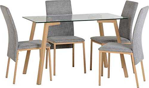 Seconique Morton Dining Set with 4 Dining Chairs in Clear Glass/Oak Effect Veneer/Grey Fabric