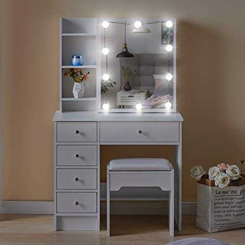 TUKAILAi White Dressing Tables with Lights & Mirror, Vanity Makeup Table Set with 5 Drawers & Stool for Girls