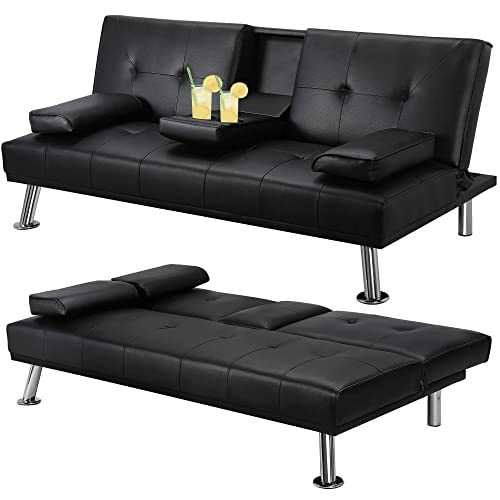 Yaheetech Click Clack Sofa Bed Faux Leather 3 Seater Sofa Couch Living Room/Spare Room/Guest Room Bed Settee With Cup Holders Black