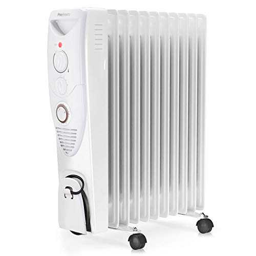 Pro Breeze® 2500W Oil Filled Radiator, 11 Fin - Portable Electric Heater - Built-in Timer, 3 Heat Settings, Adjustable Thermostat, Safety Cut-Off & 24 Hour Timer - White