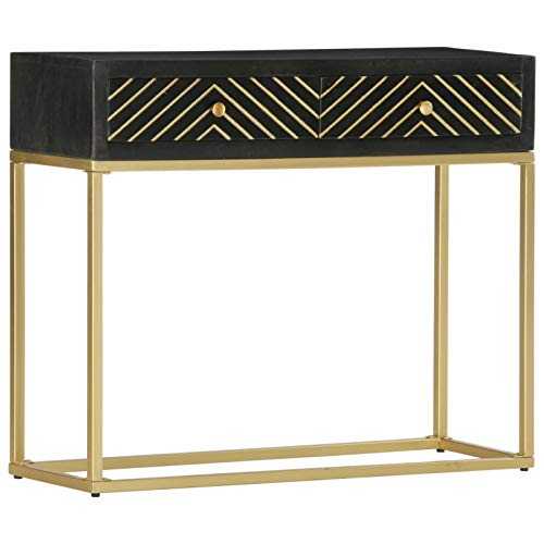 Festnight Console Table Hallway Table Side Table Black and Gold 90x30x75 Cm Solid Mango Wood with 2 Drawers