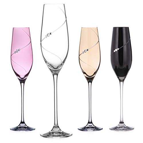 DIAMANTE Swarovski Coloured Champagne Flutes with ‘Silhouette Colour Selection’ Hand Cut Design - Embellished with Swarovski Crystals - Set of 4
