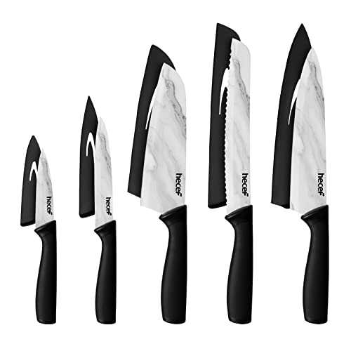 Hecef Non-Stick Ceramic Coated Ariston Marble Pattern Knife Set, 5 Pieces Stainless Steel Kitchen Knives, Professional Chef Knife Set with Protective Blade Guards